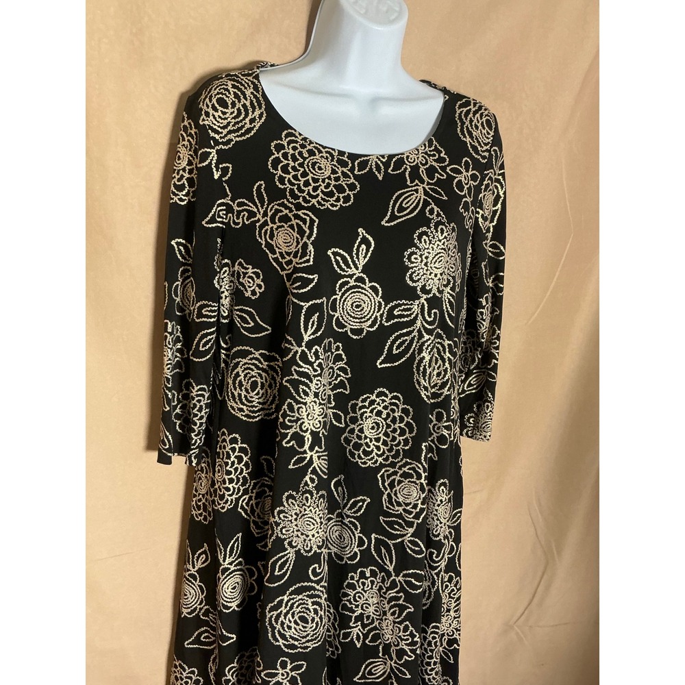 Nina Leonard Dress Womens Small Black Floral 3/4 Sleeve Excellent Scoop Neck - Picture 4 of 13
